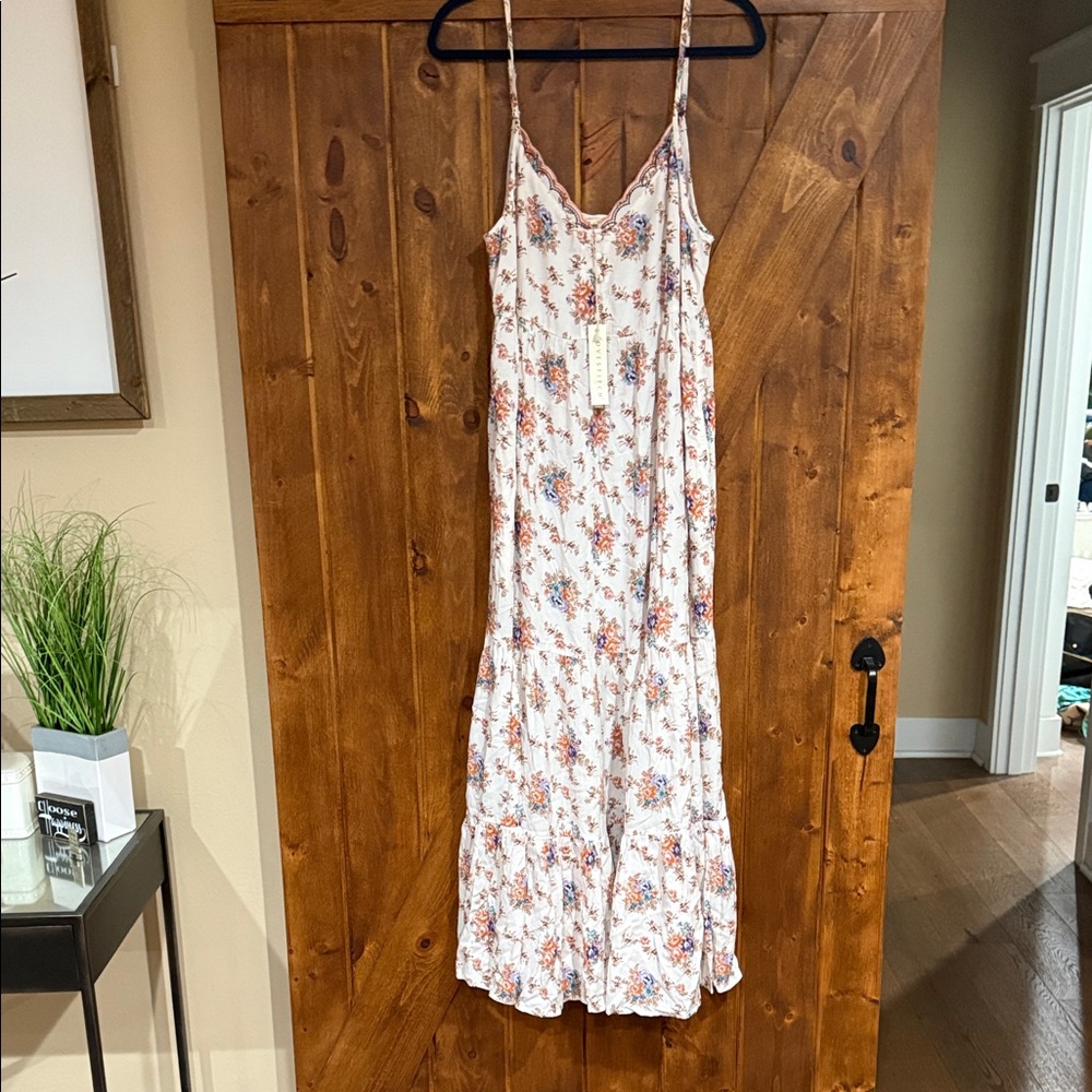 Floral Spaghetti Strap Maxi Dress - Cream with Pink & Blue Flowers